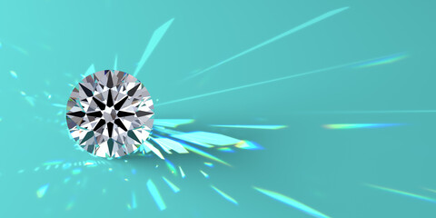 Wall Mural - Round brilliant cut diamond with colorful fire and refraction rays on turquoise background