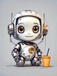 smiling robotic teen mini unit robot toy gesturing, cute robot on a white backdrop