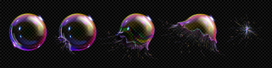 Poster - realistic bubble burst animation set isolated on transparent background. vector illustration of soap