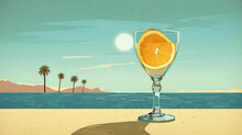 Glass With Lemon Water In The Sand Of The Beach. Vacation Scene With Lemonade Glass On The Shore Line.