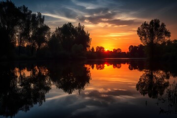 Wall Mural - Illustration of a serene sunset over a tranquil lake with trees in the foreground, created using generative AI