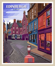 Edinburgh, Scotland Travel Destination Poster In Retro Style. European Summer Vacation, Holidays Concept. Vintage Vector Colorful Illustration.