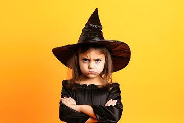 Wall Mural - A little girl in a witch or sorceress costume on a yellow-orange background makes a scary face in the celebration of Halloween.