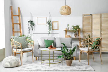 Interior of light living room with plants, sofa and armchairs