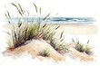 A watercolor painting of grass on a beach