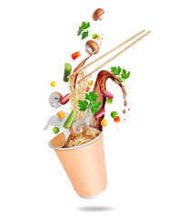 Wall Mural - Instant noodles on wooden chopstick with vegetables and mushrooms isolated on white background