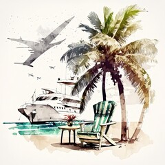 Wall Mural - A watercolor painting of a beach with a boat and palm trees