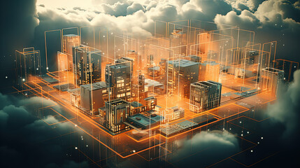 Concept of a digital city with cloud connections. Futuristic network in the clouds.