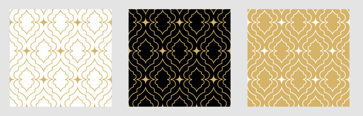 Fototapete - Geometric background abstract gold luxury color vector print. Christmas seamless pattern with golden line, grid, stars. Luxury design for invite, gift certificate, vip card, wrapping paper 
