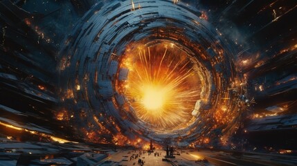 Portal to another world with a fiery glow around. Cosmic wormhole. Space travel concept. Powerful explosion in space. Illustration for banner, poster, cover, brochure or presentation.