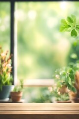 Wall Mural - Abstract Natural Spring Blurred garden leaves view from Living Room window with wooden table counter background for show, promote, Create light soft colors design banner ads on display concept, Genera