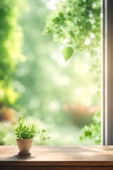 Wall Mural - Abstract Natural Spring Blurred garden leaves view from Living Room window with wooden table counter background for show, promote, Create light soft colors design banner ads on display concept, Genera