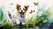 Creative Watercolor Illustration Of A Cute Puppy Chasing Little Butterflies. Generative AI