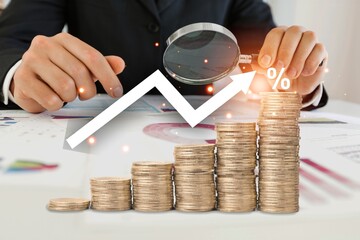 Poster - Interest rate concept, Businessman calculates investment in percentages.