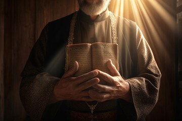 Culture and religion concept. Close-up view of praying priest hands with bible and illuminated sunlight beams. Generative AI