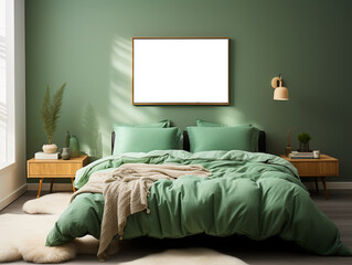 Wall Mural - Elegant house bedroom interiors green with photoframe mockup, AI Generated
