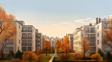 Cityscape with residential buildings in late autumn