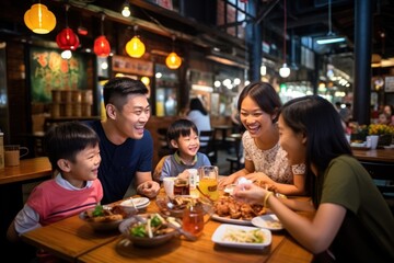 Asian family dining at busy street food restaurant in Bangkok, Thailand