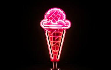 Neon sign of an ice cream icon, light tube on black background