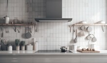 White Modern Kitchen With Tile And Pans In Wall
