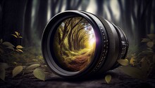Camera lens with nature reflection on natural park background. Generative AI illustration