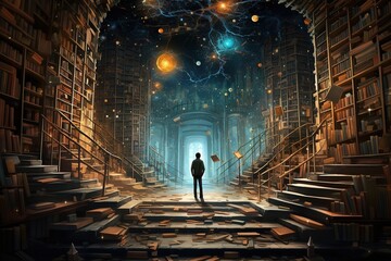 a man, a reader, in an unusual, fantastic library with high shelves in an unusual fantastic hall. ge