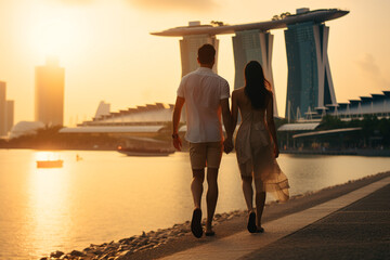 Wall Mural - Young couple traveling and walking in Singapore. City in background. Man and woman view from behind. Sunset summer background. Generative AI