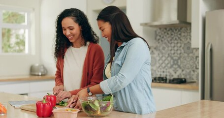 Canvas Print - Lesbian, couple and happy in kitchen with cooking for nutrition with bond or equality in home. Conversation, woman and prepare food with female people or lgbtq for quality time or romance for lunch.