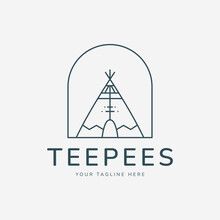 Teepees With Emblem Logo Line Art Vector Illustration Template Design
