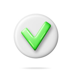 Poster - 3D Right Button in Round Shape. Green Yes or Correct Sign Render. Green Checkmark Tick Represents Confirmation. Right Choice Concept. Agreement, Approval or Trust Symbol. Vector Illustration