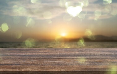 Sticker - Table wooden top with blurred summer beach