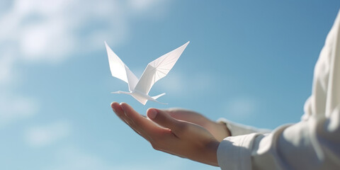 Child hands holding bird paper origami with cloudy blue sky, Freedom concept, generative ai