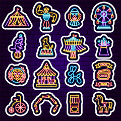 Sticker - Circus Show Neon Stickers. Vector Illustration of Entertainment Festival Glowing Concept.