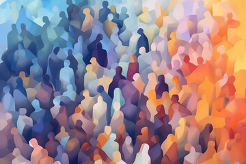 Abstract group of crowded colorful people illustration. Mob of people. Pulse of the Crowd. Confusion of people. Multiple colored. Generative AI