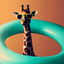 A Long Neck Giraffe In Sunglasses Inside A Colorful Inflatable Rubber Swimming Pool Doughnut Donut Balloon Lifebuoy Ring Toy With Solid Color Background Summer Resort Ocean Sea Vacation Holiday Party