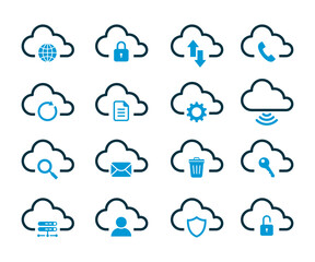 Aufkleber - cloud computing icon set. contains such icons as data synchronisation, transfer, cloud settings, and