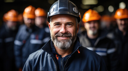 Engineer at construction site wearing safety helmet, Confident engineer looking at camera with team behind