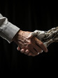 Human hand shakes artificial intelligence robotic hand, concept of union between human being and artificial intelligence