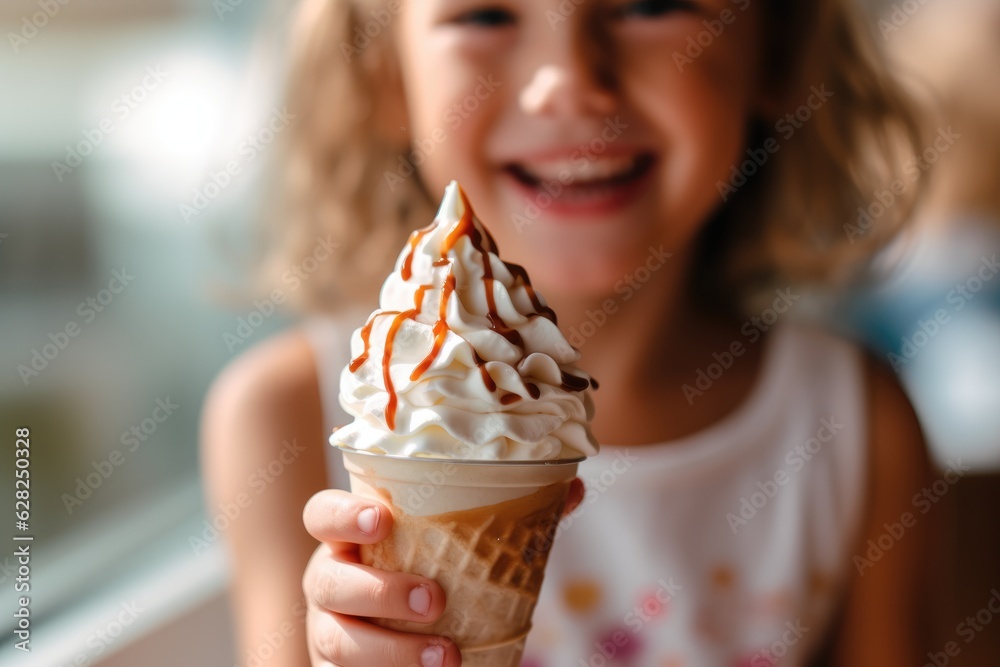 Sundae Inhang Smiling, happy, laughing, Little girl wearing white t-shirt, holding a ...