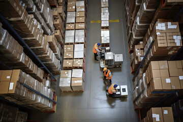 above view of people working in large warehouse counting goods on moving cart between shelves with packed boxes