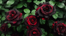 Dark Roses In Red And Black Colors In A Park At Dusk. Numerous Dark Roses Of Begonias In A Field In A Park. Beautiful Roses Closeup. Realistic 3D Illustration. Generative AI