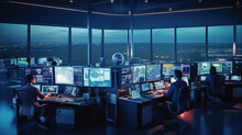 Diverse Air Traffic Control Team Working In A Modern Airport Tower. Office Room Is Full Of Desktop Computer Displays With Navigation Screens, Airplane Departure And Arrival Data For Controllers.