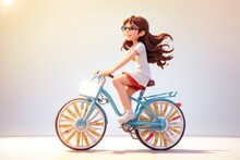 Beautiful Asian Woman Riding Bicycle On Blue Sky Background With Sunlight