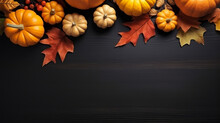 A Festive Autumn Table Filled With Various Types Of Pumpkins- Fall Leaves Decor
