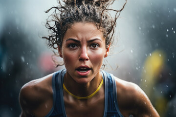 a woman running a marathon, her face determined and her body covered in sweat