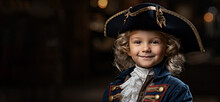 Little Boy In Costume Of American Revolution War Soldier. 4 July Independence Day Of USA Concept.