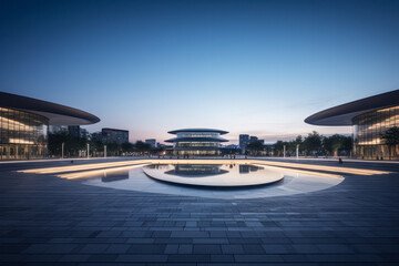 Poster - empty floor with modern. building at night