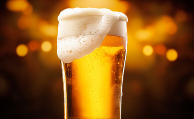 Glass of cold beer with foam, pint of original premium beer drink, alcohol flavour and holiday celebration