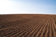 Plowed farmland with brown soil and a blue sunny sky