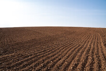 Plowed Farmland With Brown Soil And A Blue Sunny Sky